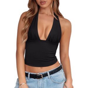 REORIA Black Halter Crop Top Deep V Open Back Going Out Top